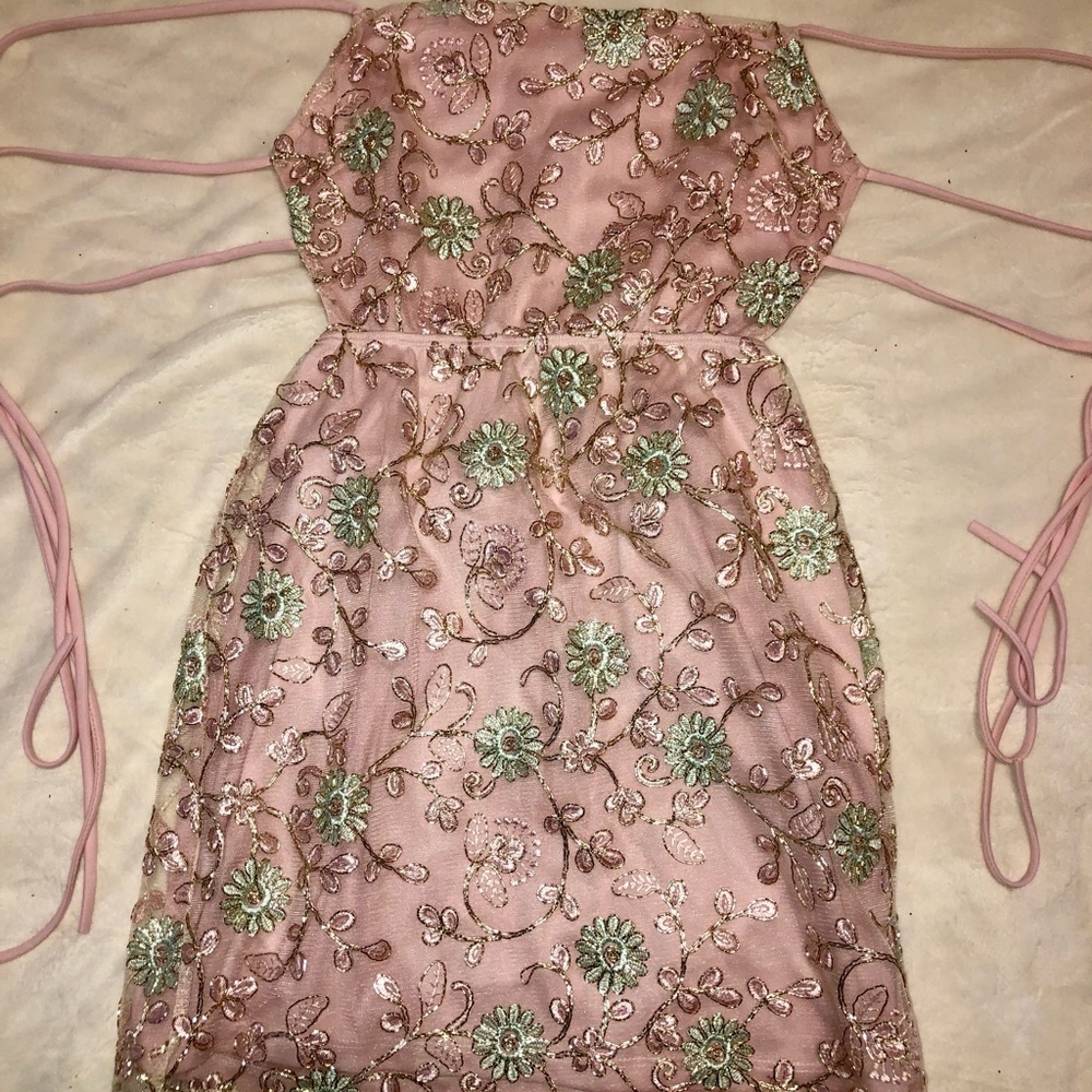 pink + mint floral embroidered back tie mini dress
